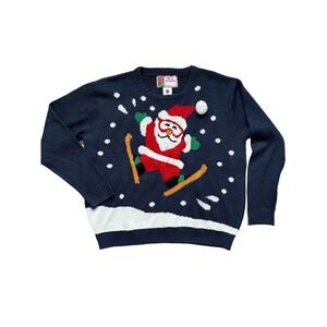 Merry Christmas Women's Santa Clause Ugly Christmas Holiday Sweater Blue Sz L/XL